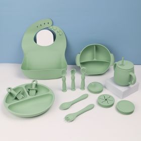 Silicone Children's Tableware Set Baby Feeding Solid Food Tableware Bib Suction Cup Bowl Spoon Plate Bib 15-piece Set (Option: Green 09515 Piece Set)